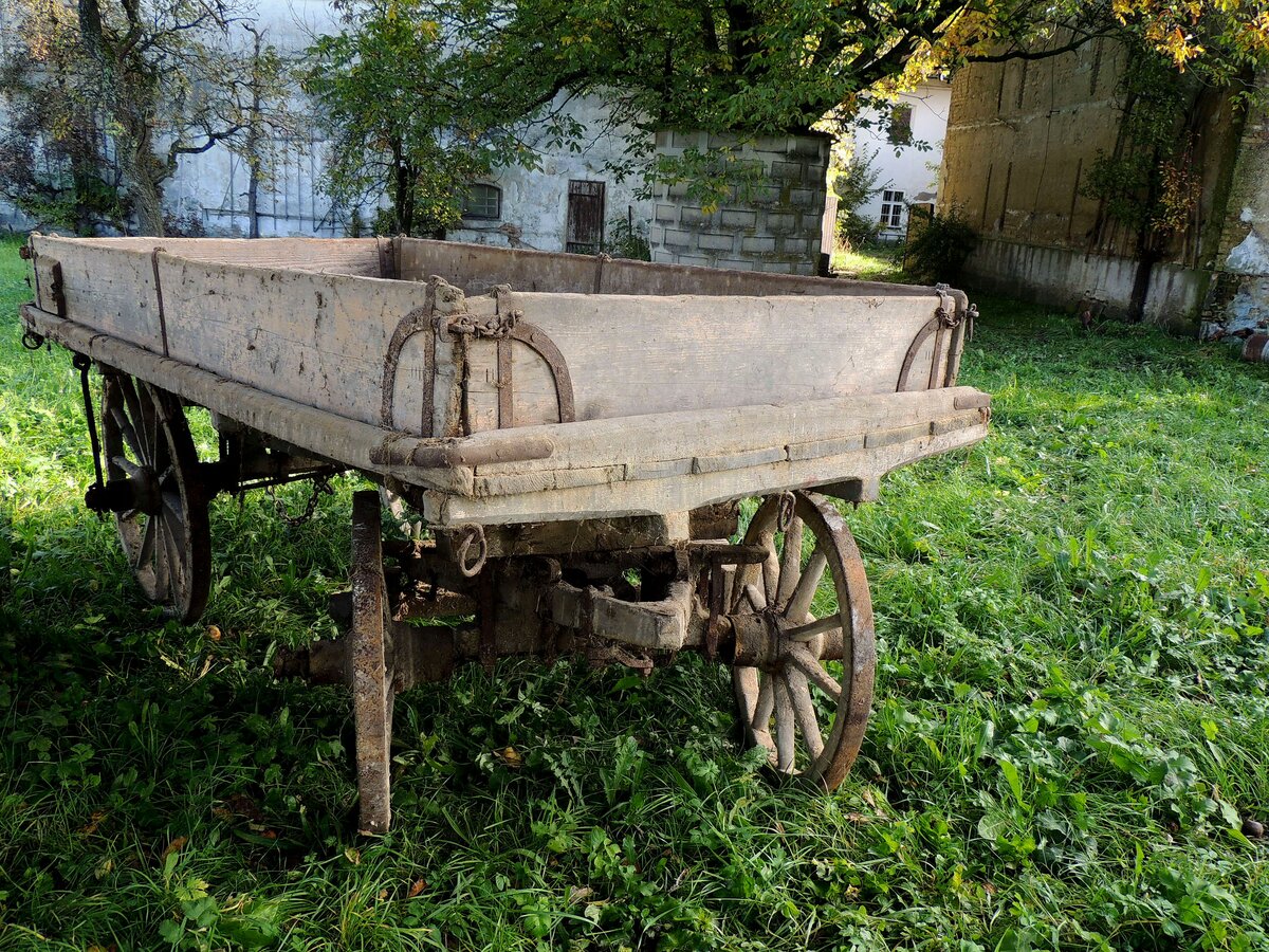 alter Holzwagen (ohne-deichsel) wurde auf einer herbstlichen Wiese abgestellt; 161022