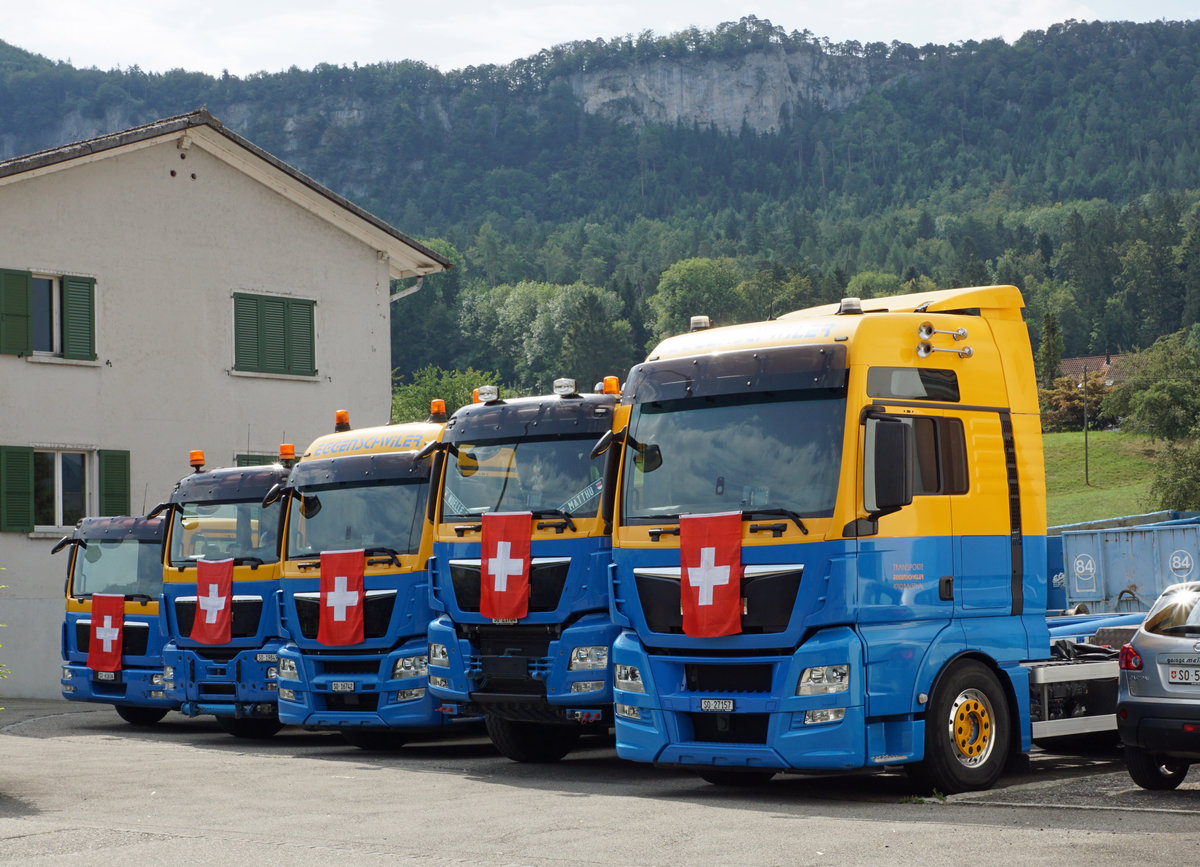 Am schweizerischen Nationalfeiertag beflaggte MAN-Lastwagenflotte am 1. August 2020 in Balsthal.
Fotostandort Trottoir, Bildausschnitt Fotoshop.
Foto: Walter Ruetsch
