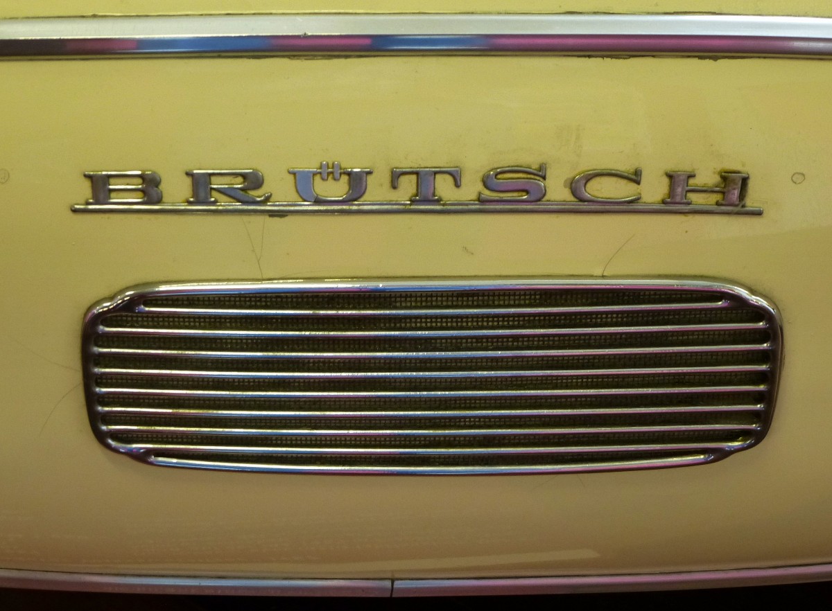 Brtsch Fahrzeugbau Stuttgart, Frontpartie mit Schriftzug am Kleinstwagen Brtsch V2 von 1957, wurde 1957 auf der Automesse IAA ausgestellt, ist aber nie in Serie gegangen, Nov.2014