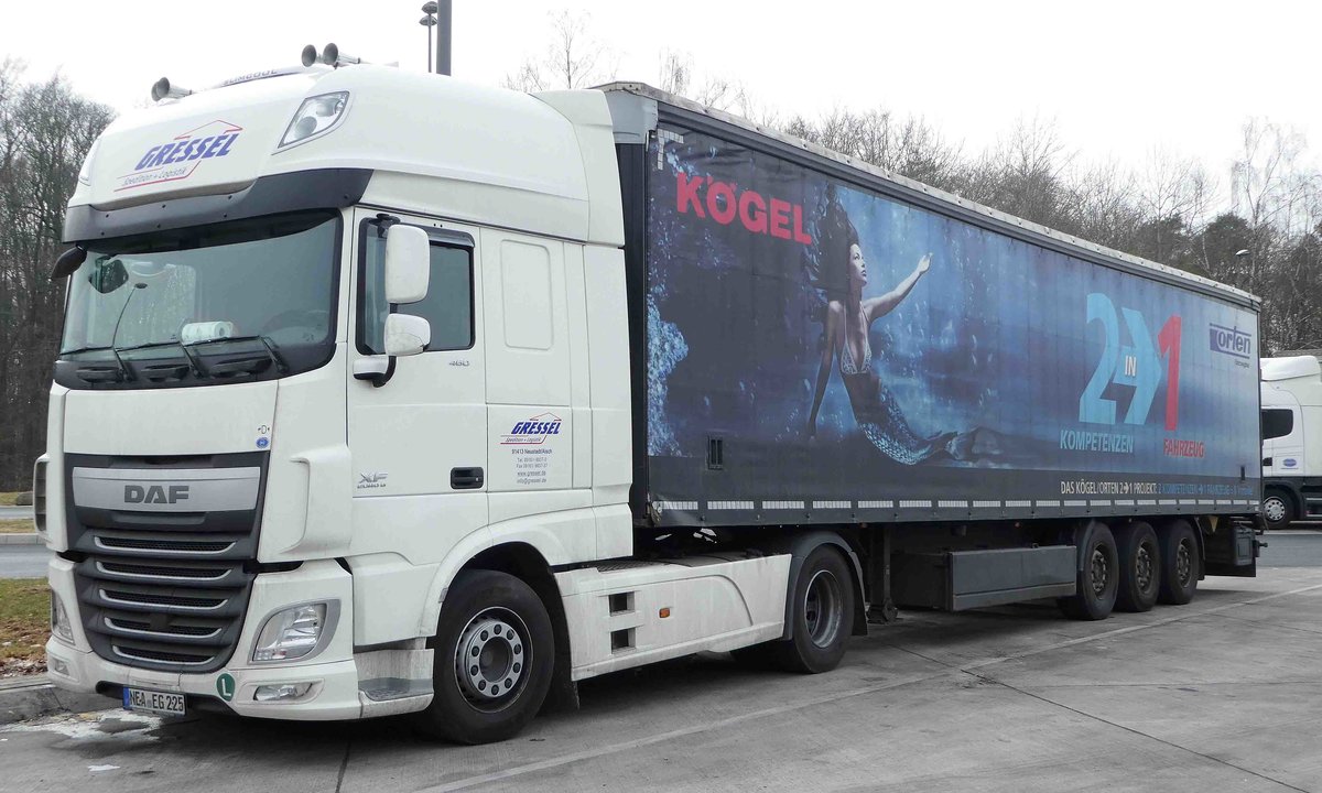 =DAF XF-Sattelzug der Spedition GRESSEL rastet an der A 7 im März 2018