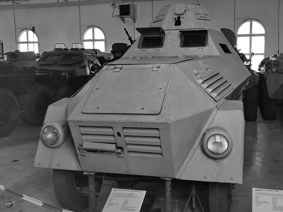 Das  auf dem Fahrgestell des Lkw Phänomen Granit 30K basierende Sonder Kfz-1 (SK-1) war ein leichtes Kampffahrzeug der Kasernierten Volkspolizei der DDR. (MHM Dresden, April 2018)
