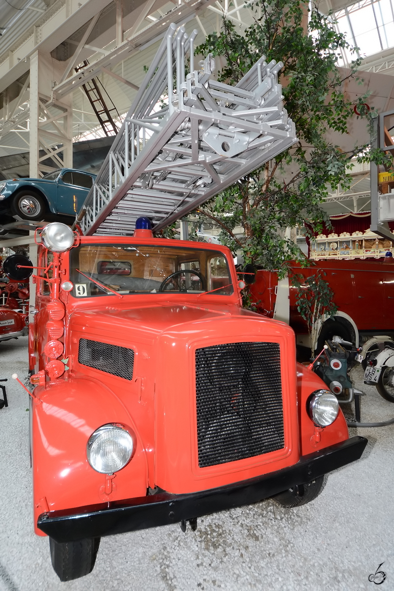 Diese Feuerwehrdrehleiter ist im Technik-Museum Speyer ausgestellt. (Mai 2014)