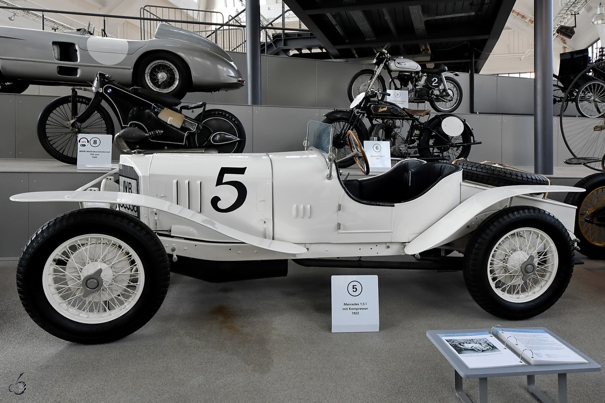 Dieser Mercedes 1,5l mit Kompressor stammt aus dem Jahr 1922. (Verkehrszentrum des Deutschen Museums München, August 2020)