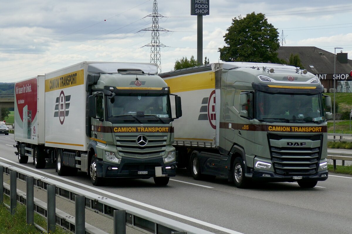 Ein MB Actros H�ngerzug und DAF Sattelzug von Camion Transport am 10.9.26 bei Grauholz.