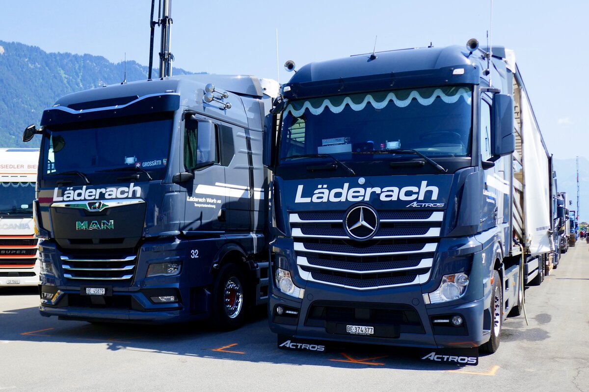 Ein MB Actros Sattelzug und ein MAN von L�derach am 27.6.26 beim Trucker Festival Interlaken.