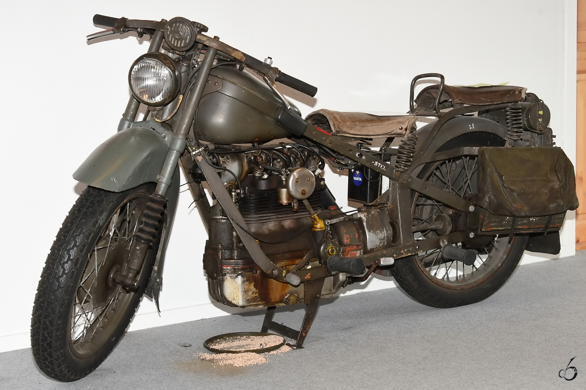 Ein Nimbus Motorrad aus dem Jahr 1938, hergestellt von der Firma Fisker & Mielsen. (Verteidigungs- und Garnisonsmuseum Aalborg, Juni 2018)