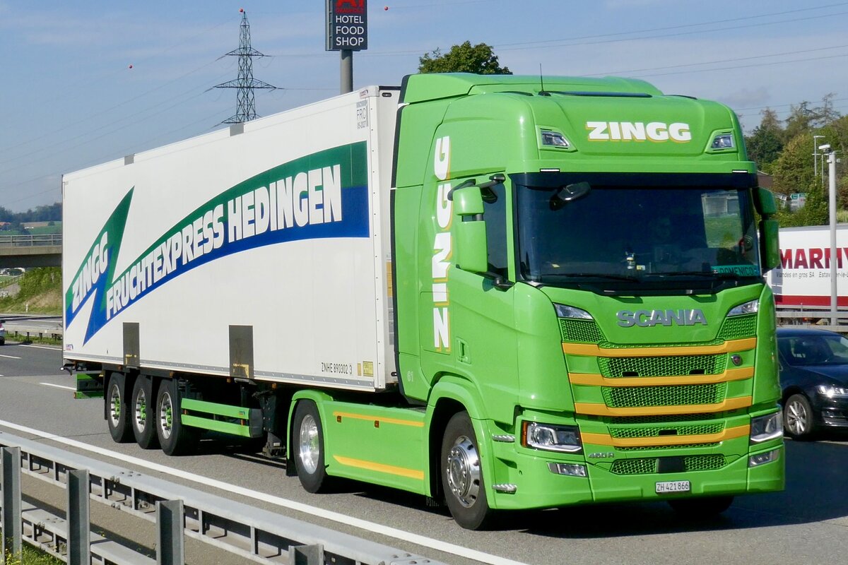 Ein Scania Sattelzug von Zingg am 11.9.26 bei Grauholz.