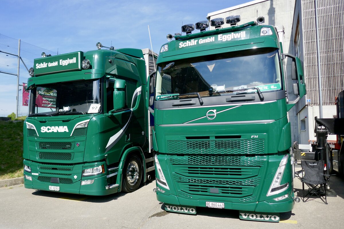 Ein Scania und Volvo von Schär Eggiwil am 2.5.26 beim Truck Event Huttwil.
