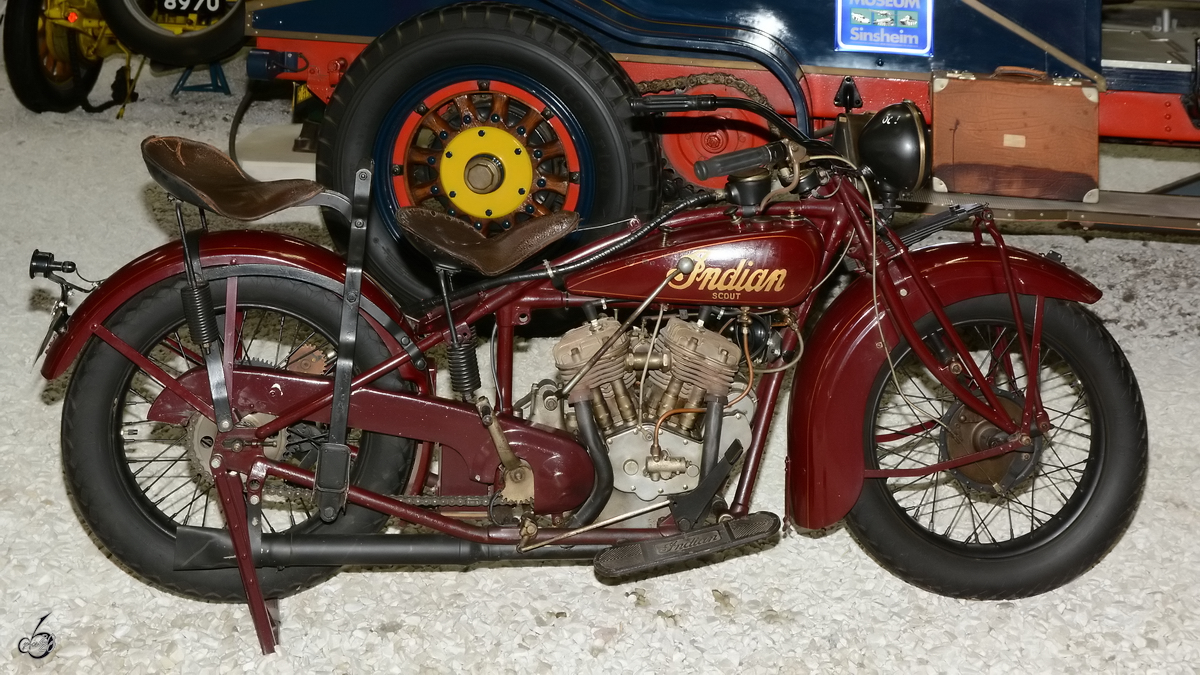 Eine Indian Scout 45 von 1930 war im Auto- und Technikmuseum Sinsheim zu bewundern. (Dezember 2014)