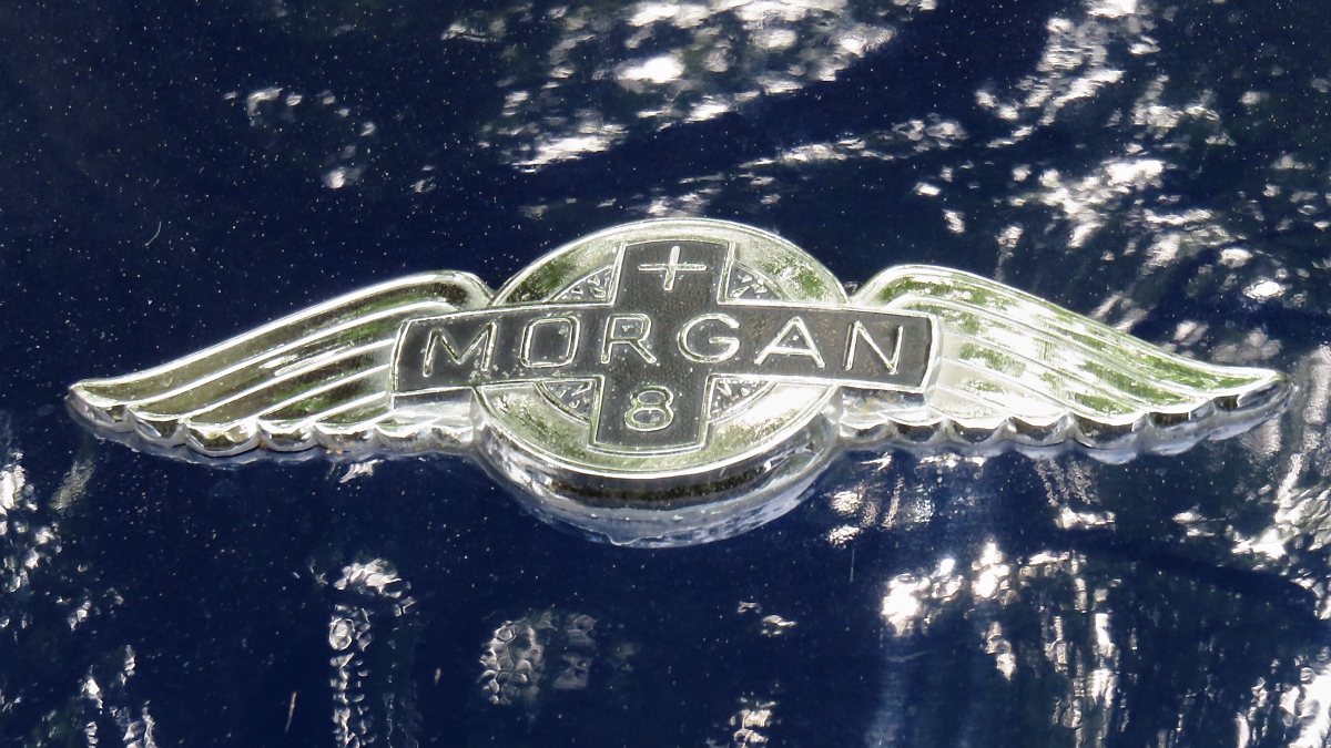 Emblem des Morgan +8, Autoschau in Krefeld an der Rennbahn, 24.6.18