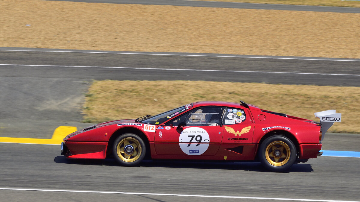 Ferrari 512 BB Competizione GT2, Baujahr 1980, 5 Liter V12 180°, 485 PS, Le Mans-Rennwagen.
etwas Nostalgie vor dem 1. Training der 91. 24h Rennen in Le Mans (100 Jahre) in der Ford Kurve, 8.6.2023