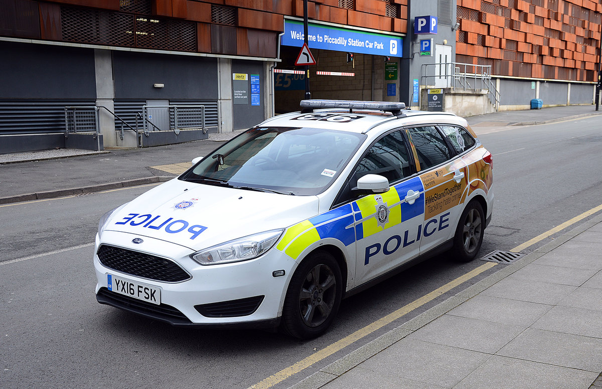Ford FOCUS Tunier - Polizeifahrzeug in Borad Street, Manchester. Aufnahme: 11. März 2018.