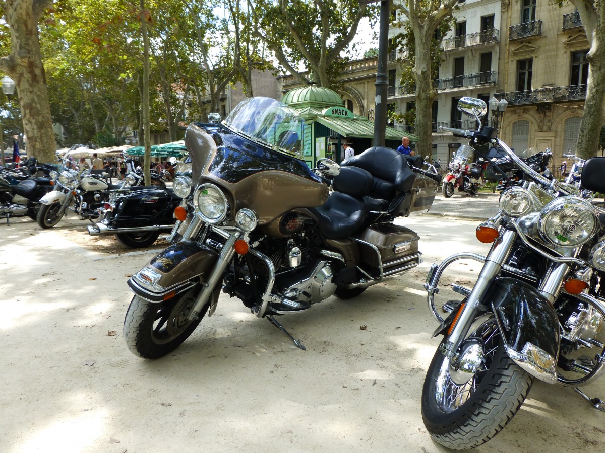 Frankreich, Languedoc, Hrault, Montpellier, Esplanade Charles de Gaulle. Whrend ihrer 25.  bike week  am Cap d'Agde (Hrault) haben sich die 500  Brescoudos  zum ersten Mal am 27.08.2013 einen Ausflug mit ihren Harley-Davidson ins Zentrum von Montpellier gegnnt.