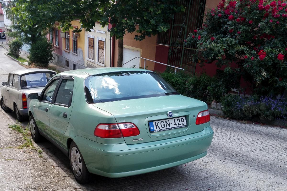 Grüner Fiat Albea von hinten fotografiert in Juni, 2020.