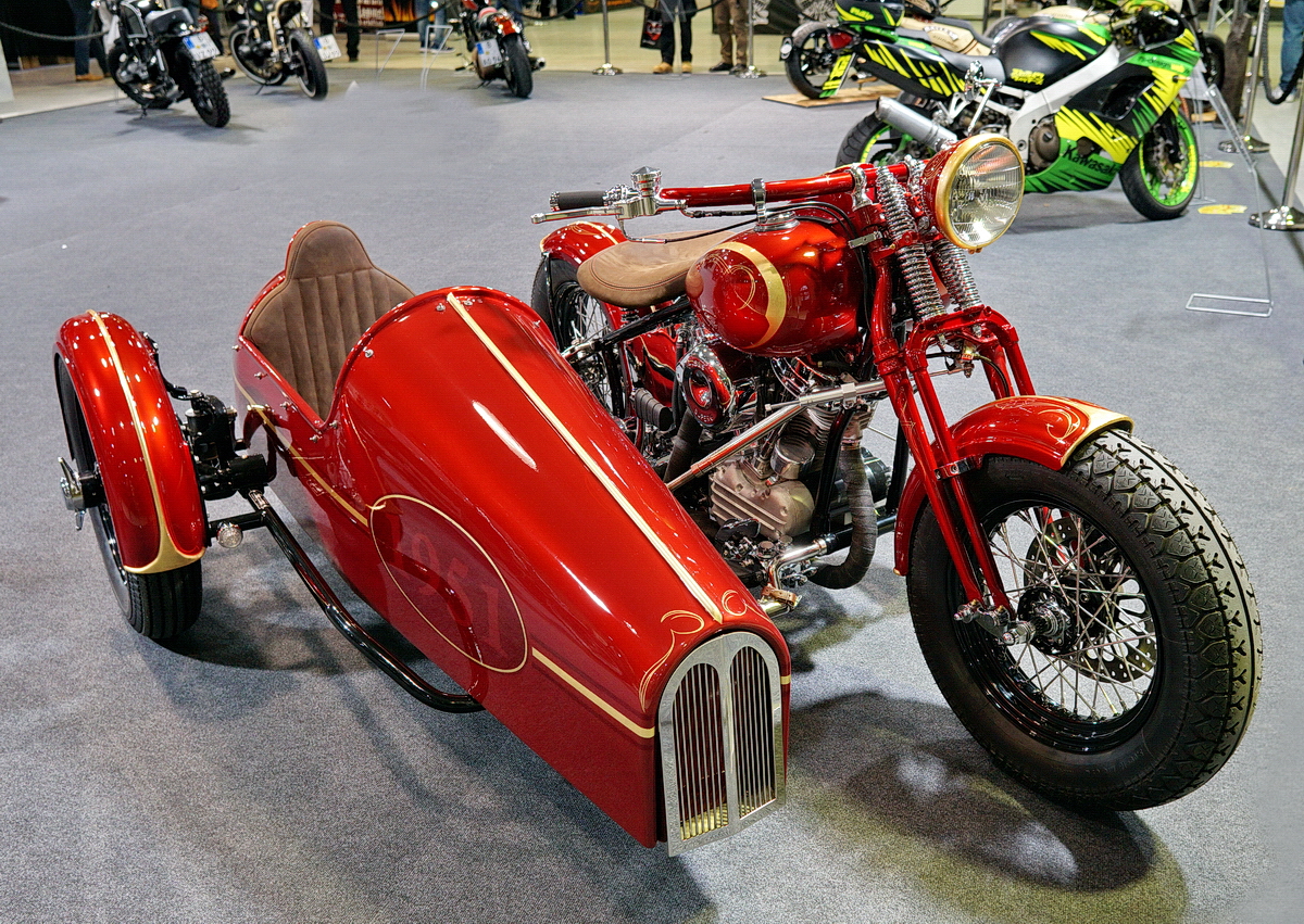 Harley-Davidson Tricycle Panhead. Bauj. 1951. Mtor mit 94cui (1540ccm). Aufgebaut durch Chili Custom Motors GmbH in 13 Monaten.  Foto: BMT (Berliner Motorrad Tage) Febr. 2020