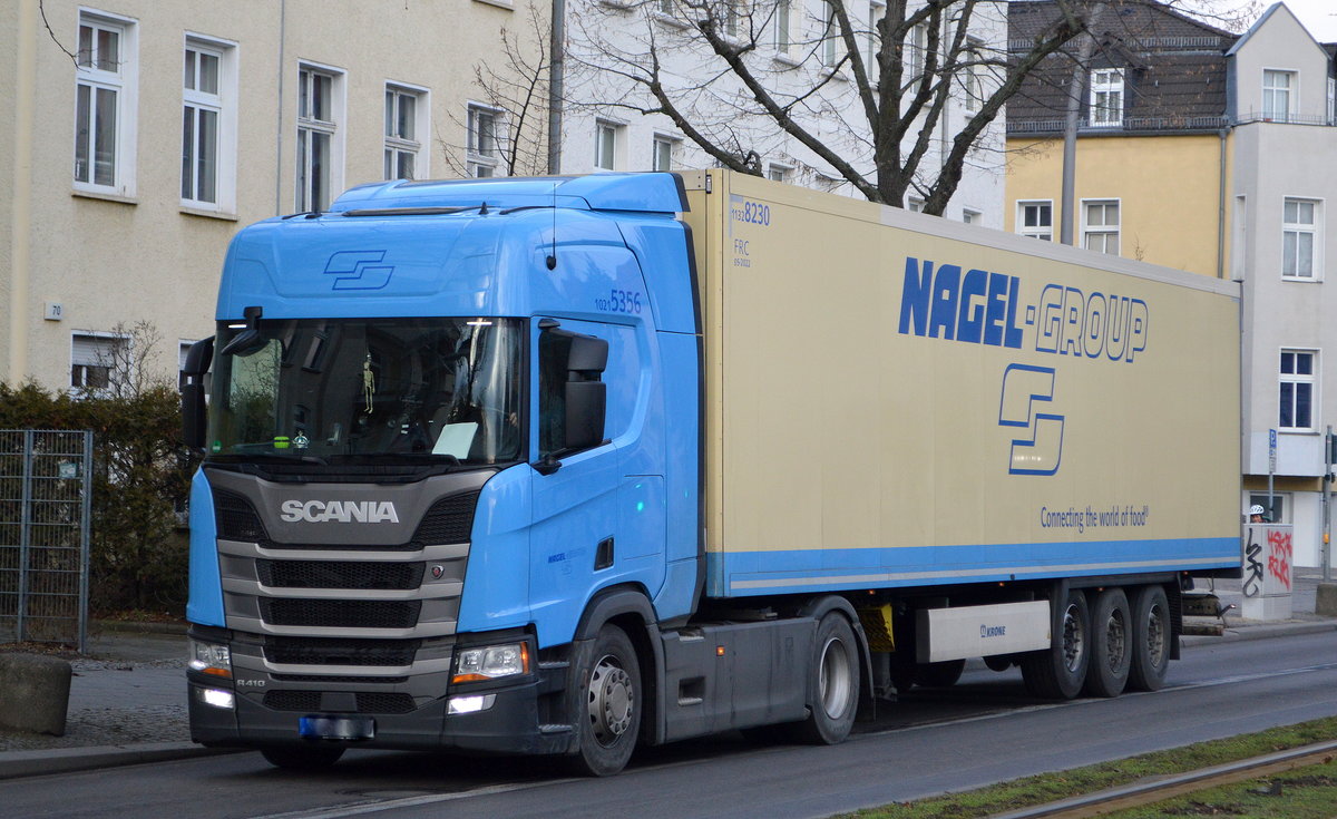 Kraftverkehr Nagel SE & Co. KG (Nagel-Group) mit einem Sattelzug mit SCANIA R410 Zugmaschine am 26.01.21 Berlin Karlshorst.