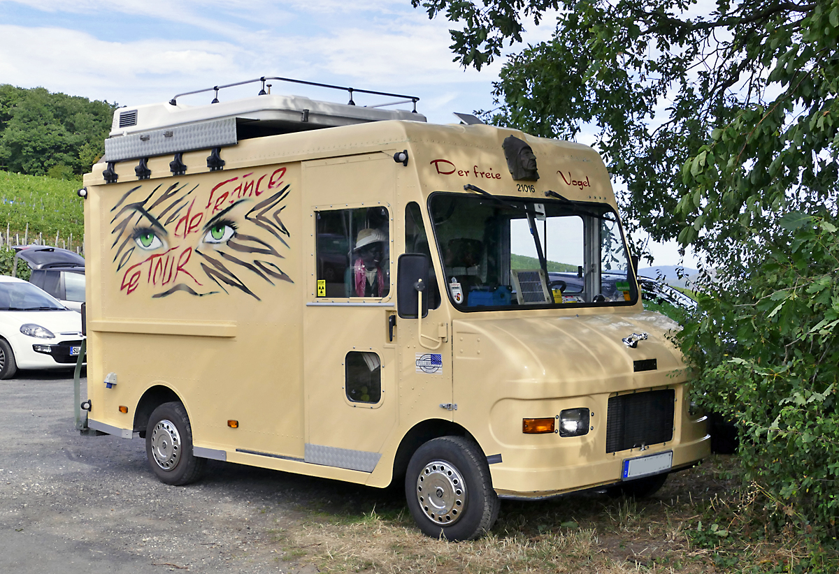 Kurbmaster-Box-Truck  Der Freie Vogel  auf einem Weinbergparkplatz bei Ahrweiler - 09.09.2018 