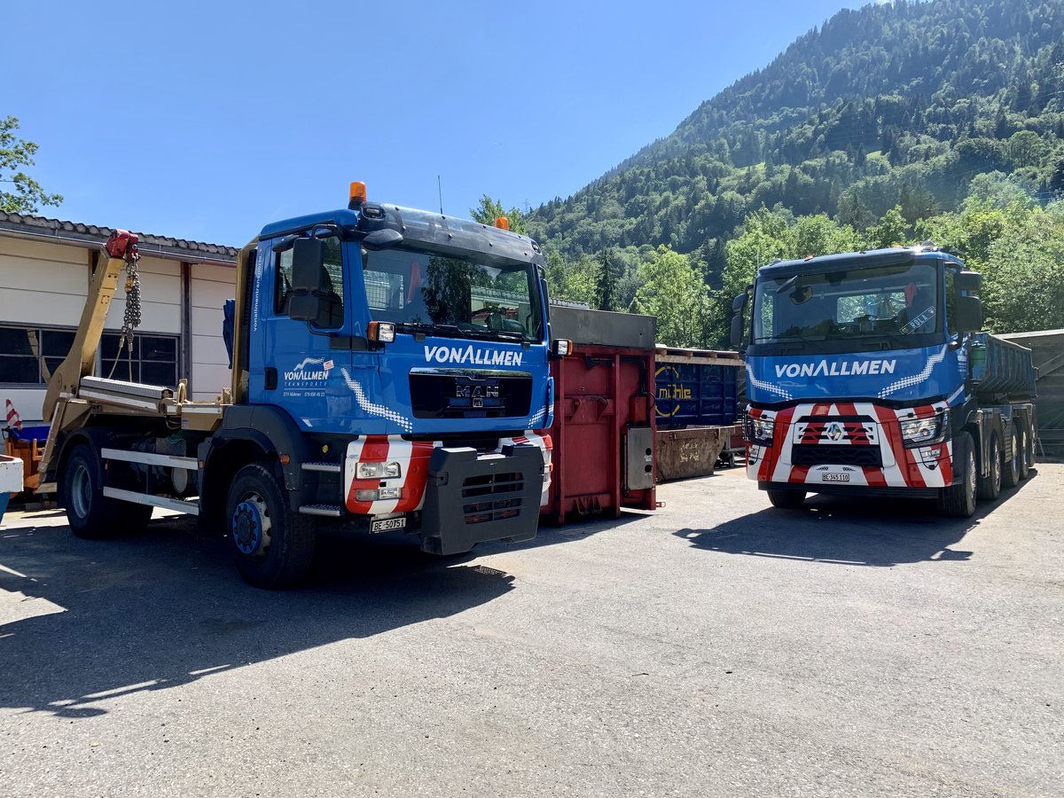 MAN und Renault von Allmen Transporte am 4.7.20 in Mülenen.