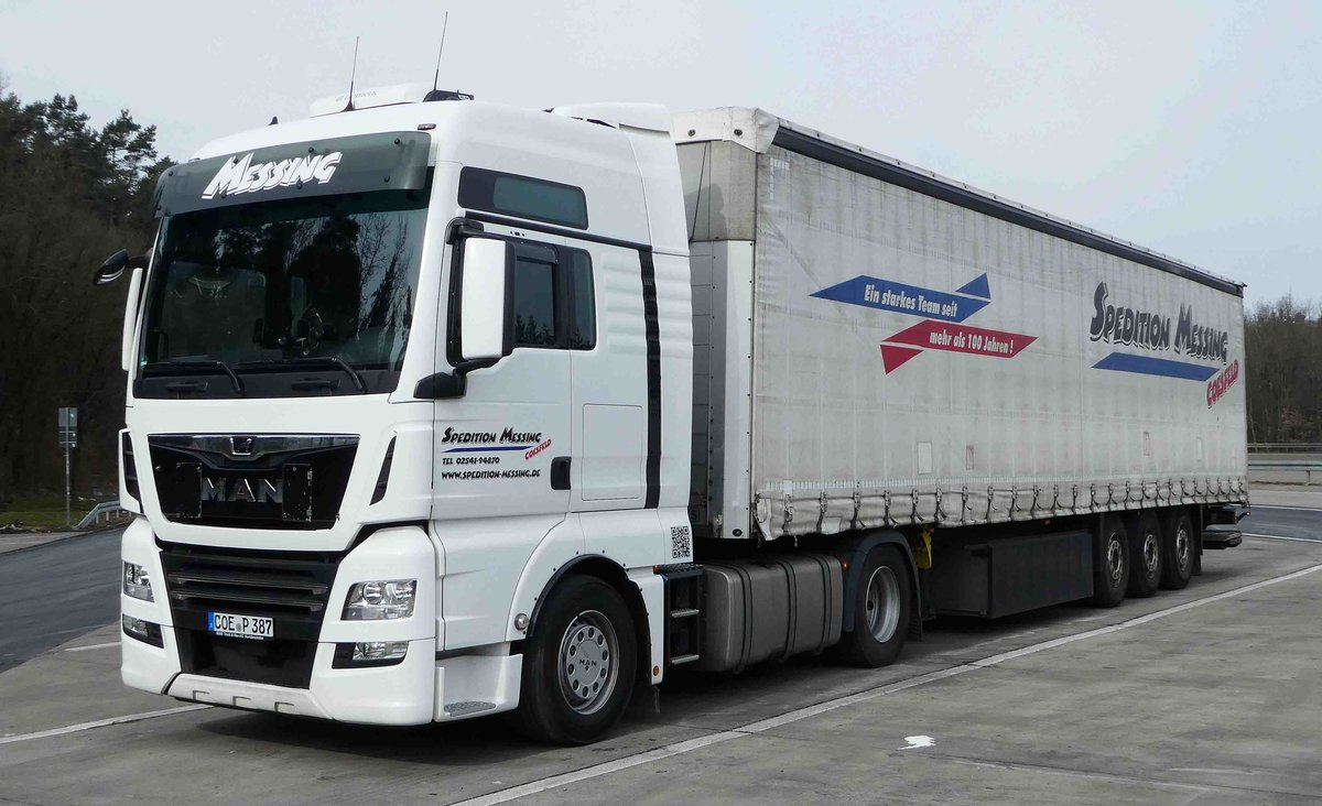 =MAN-Sattelzug der Spedition MESSING rastet im März 2018 an der A7