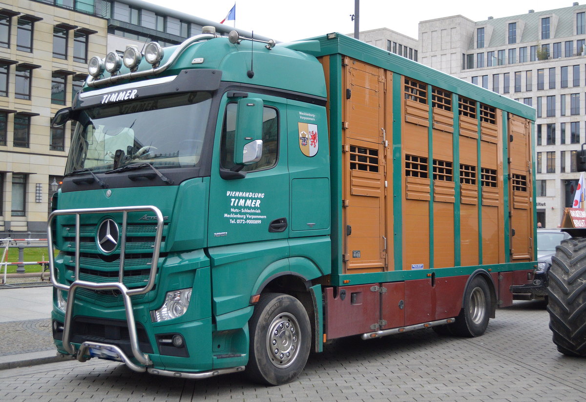MB ACTROS 1851 Viehtransporter einer Viehhandlung am 26.11.19 Berlin Pariser Platz. 
