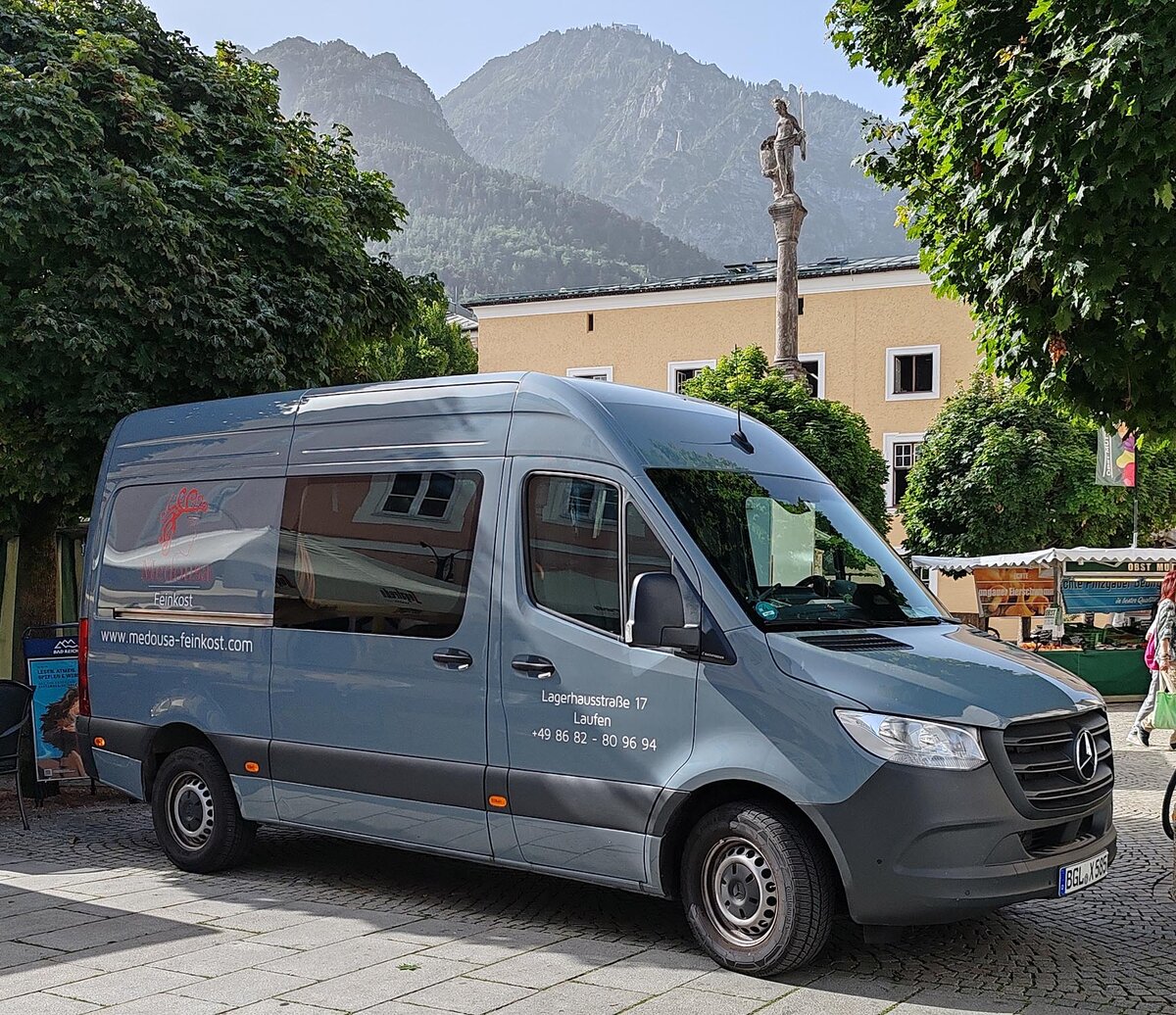 =MB Sprinter des Feinkosth�ndlers MEDOUSA, gesehen auf Wochenmarkt in Bad Reichenhall, 08-2026