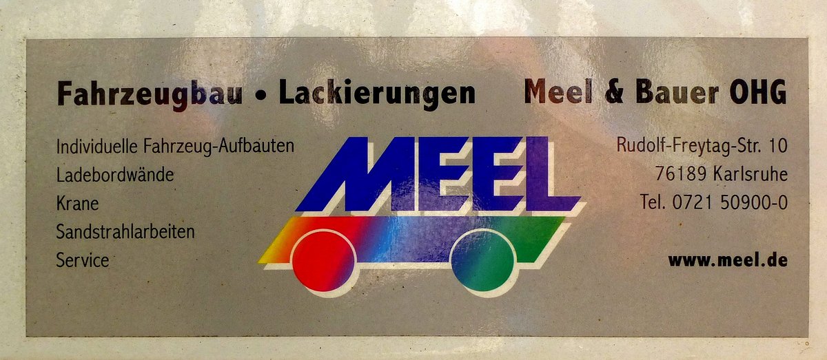 MEEL, Firmenschild an einem LKW-Anhnger, Fahrzeugbaufirma aus Karlsruhe, Aug.2017