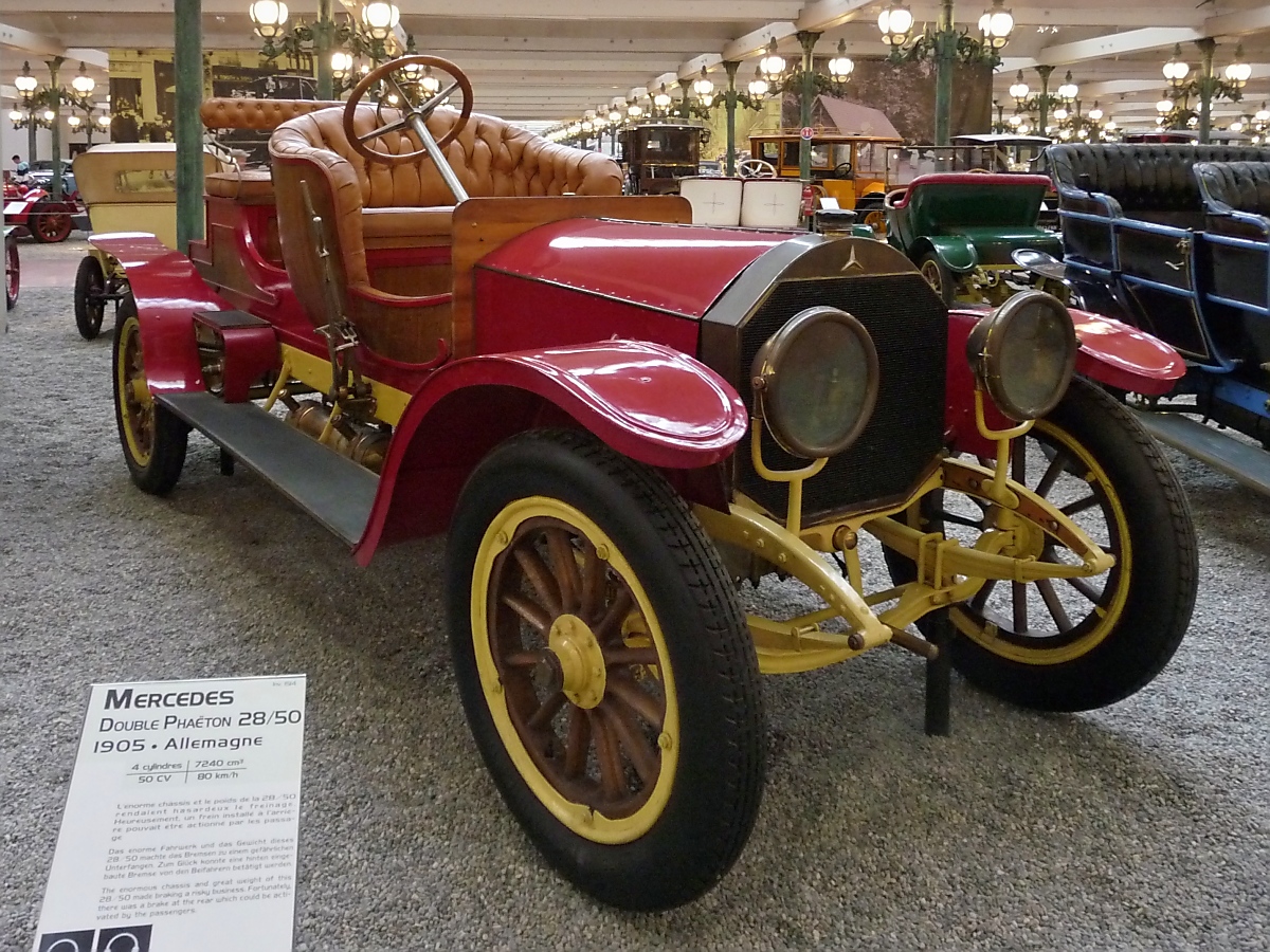 Mercedes Double Phaeton 28/50

Baujahr 1905, 4 Zylinder, 7240 ccm, 80 km/h, 50 PS 

Cité de l'Automobile, Mulhouse, 3.10.12 