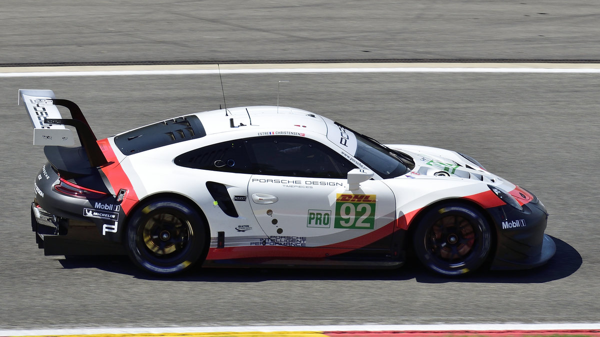 Mitzieher des Porsche 911 RSR, LM GTE Nr.92 Pro, Porsche GT Team, Fahrer: Michael Christensen & Kévin Estre. Langstrecken-WM (FIA WEC) – Sechs Stunden von Spa-Francorchamps 5.Mai 2018