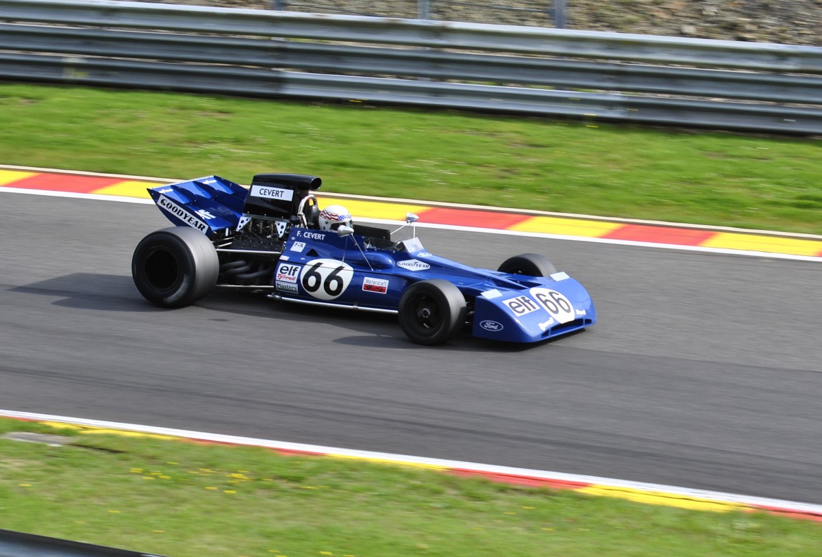 Mitzieher vom Tyrrell Ford 002 Bj.:1971. Beim FIA Masters Historic Formula One Championship, am 21.9.13 in Spa Francorchamps