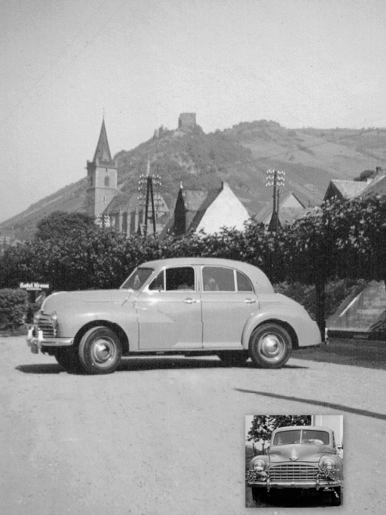 Morris Oxford , Baujahr 1951, am Rhein. Montage von zwei Scans von schwarz-weiß Fotos aus dem Jahr 1953.


