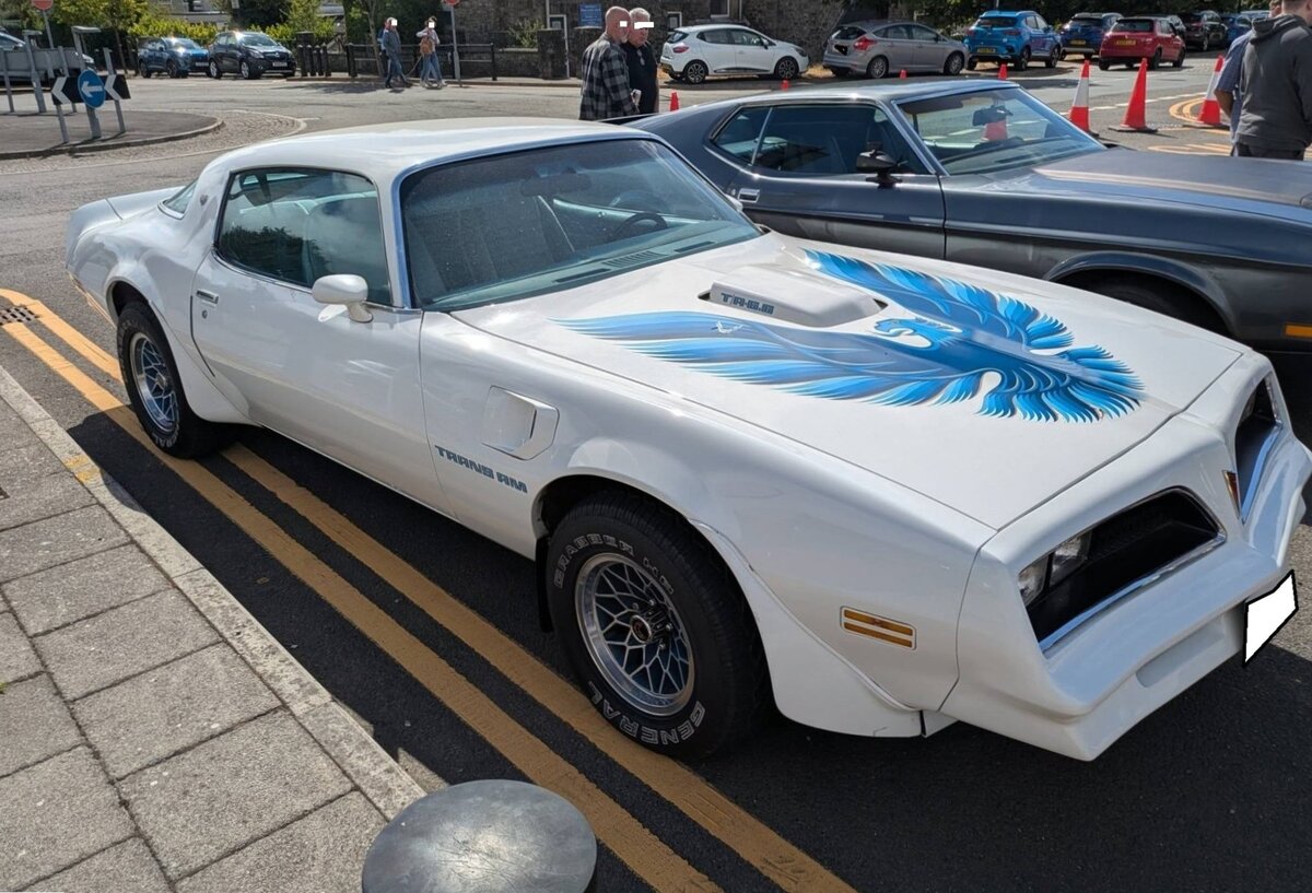 Pontiac Firebird Trans Am im Farbton cameo white aus dem Jahr 1977. Im Jahr 1967 brachte die GM-Division Pontiac als Konkurrenzprodukt zum �u�erst erfolgreichen Ford Mustang ebenfalls ein sportliches Coupe auf den Markt, n�mlich den Pontiac Firebird. Zehn Jahre sp�ter sah ein  Firebird  dann so aus. Das Modell war mit etlichen Motorisierungen, vom V6-Motor mit 3.8l Hubraum bis zum V8-Motor mit 6.6l Hubraum und einer Leistung von rund 200 PS erh�ltlich. Im Modelljahr 1977 setzte Pontiac fast 156.000 solcher Sport-Coupes ab. Brynmawr Classic Car Show/South Wales am 26.07.2026.