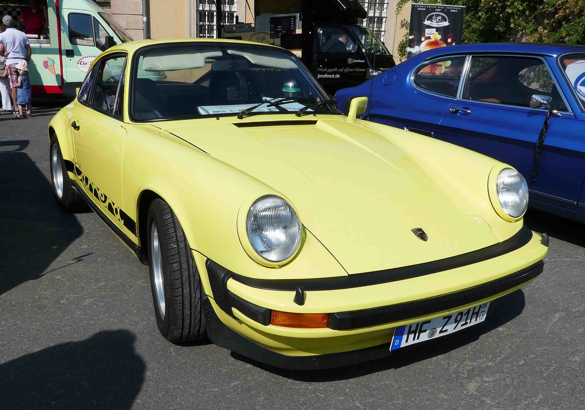 =Porsche 911 Carrera 3, Bj. 1975, 203 PS, ausgestellt bei Blech & Barock im Juli 2018 auf dem Gelände von Schloß Fasanerie bei Eichenzell