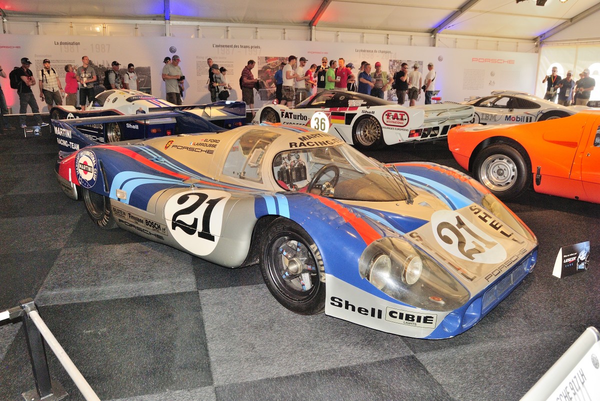 Porsche Ausstellung beim 24h Le Mans 12.06.2014. Martini-Racing-Porsche-917-Langheck mit der Startnummer 21, bei den 39. 24h von Le Mans wurde er von Gérard Larrousse und Vic Elford gefahren, Ausfall nach 9 Stunden