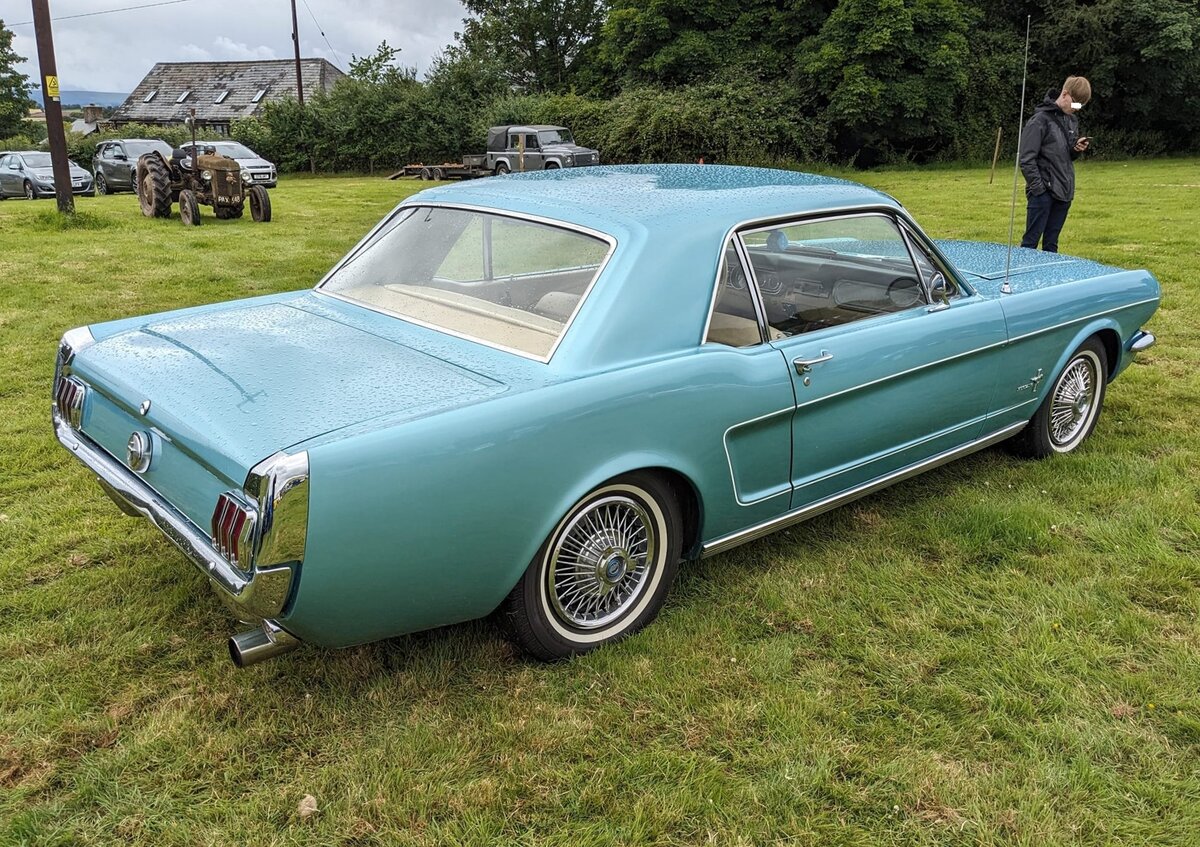 Profilansicht eines 1965´er Ford Mustang in der Karosserievariante Hardtop Coupe im Farbton medium turquoise. Hog's Head Classic car meeting am 06.07.2024 in Llantillio Crosseny/South-Wales.