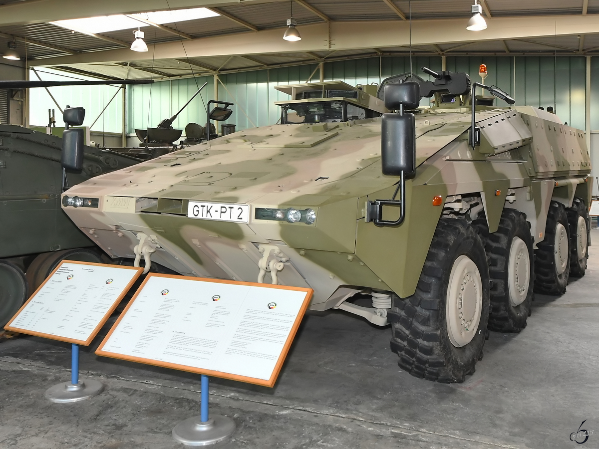 Prototyp des gepanzerten Transport-Kraftfahrzeuges, kurz GTK Boxer Mitte August 2018 in der Wehrtechnischen Studiensammlung Koblenz.