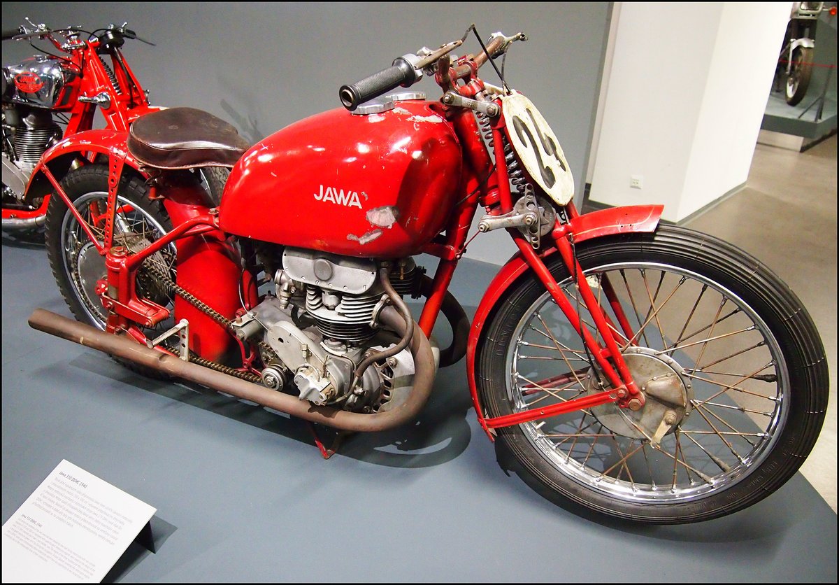 Rennmotorrad Jawa 350 DOHV, 47HP, 1940, Sonderausstellung Jawa in Nationales Technisches Museum Prag am 8.1.2020