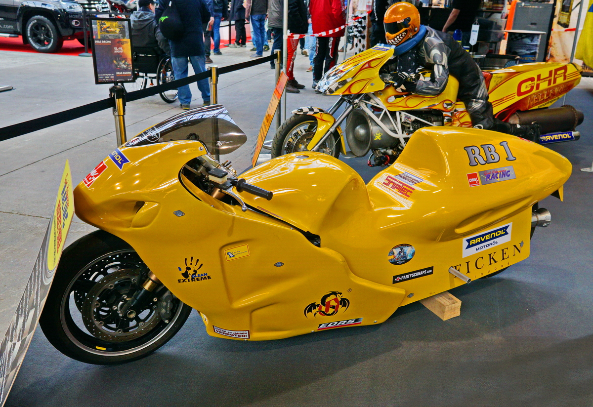 Rocket Bike. Antrieb: Wasserstoff-Peroxyd: Leistung: 7000PS (!). Speed: 640km/h auf der viertel Meile. Foto: Berliner Motorrad Tage, BMT, 08.02.2019 