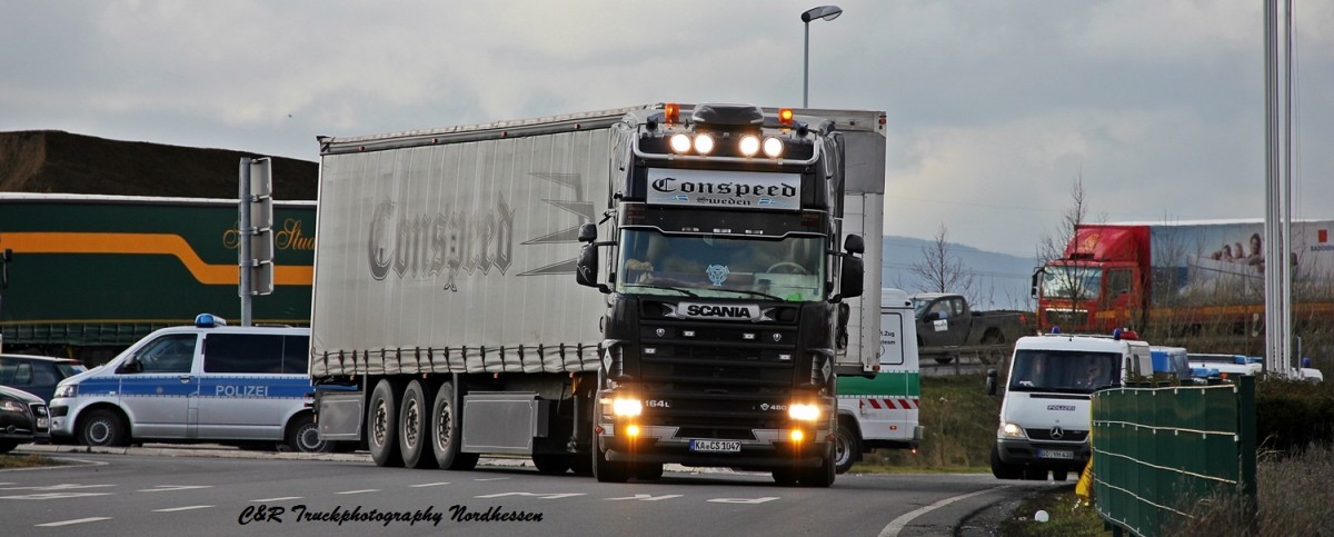 Scania 164L 480 V8 Topline von Conspeed mit Planenauflieger. Kassel 14.02.2014