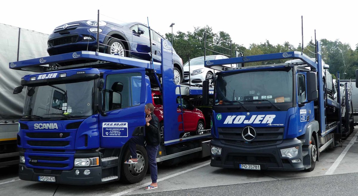 =Scania P410 und MB Actros als Autotransporter stehen auf einem Rastplatz an der A 5, 10-2017