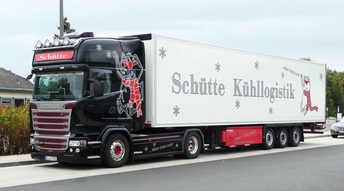 =Scania R 450-Sattelzug von  SCHÜTTE-Kühllogistik  rastet an der A 7 im Juli 2018