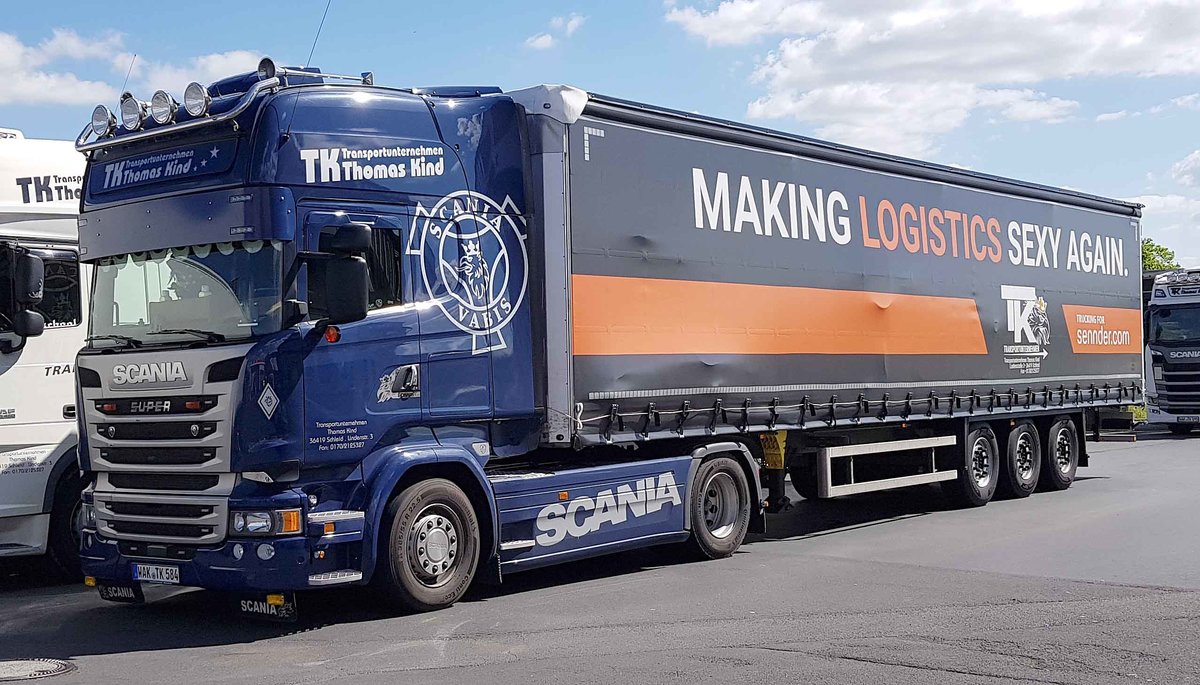 =Scania Super-Sattelzug der Spedition KIND steht im Mai 2019 in Fulda