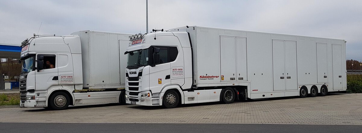 =Scania`s von AUTO-SIEGL stehen zur Fahrerpause auf dem Rasthof Fulda-Nord, 11-2021