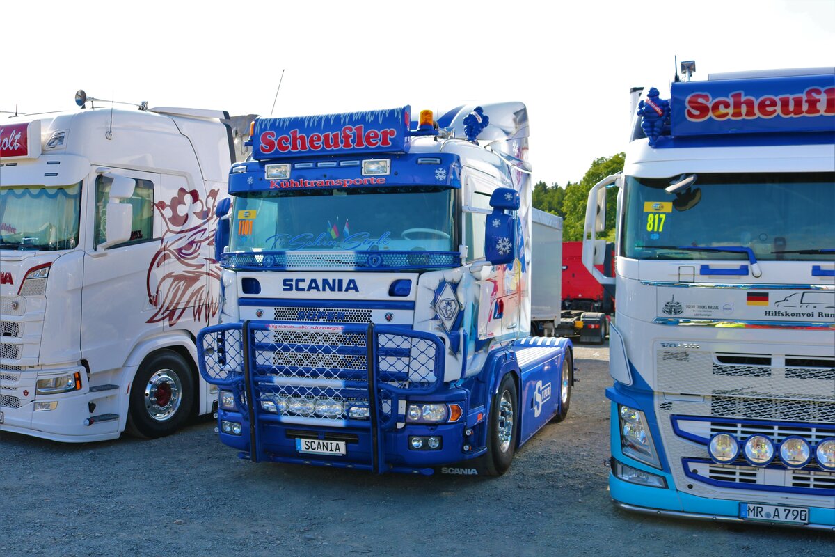 Scheufler Kühltransporte Scania Sattelzugmaschine am 16.07.22 beim ADAC Truck Grand Prix auf dem Nürburgring