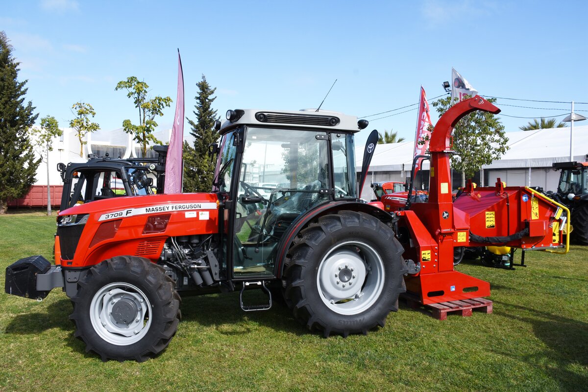 Traktor von Massey-Ferguson Typ 3709 F, ausgestellt auf der Orangen-Messe (Silves/Portugal, 18.02.2022)