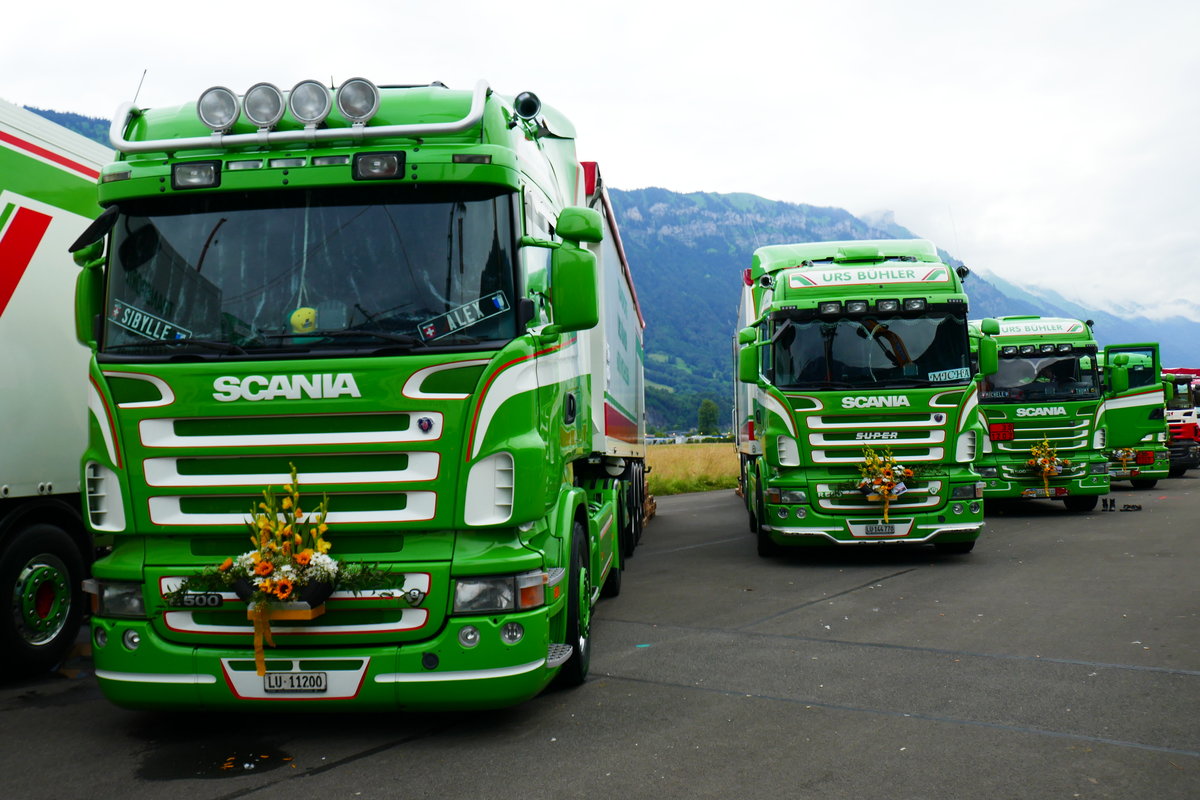 Vier Scania von Urs Bühler beim Trucker Festival Interlaken am 26.6.16.