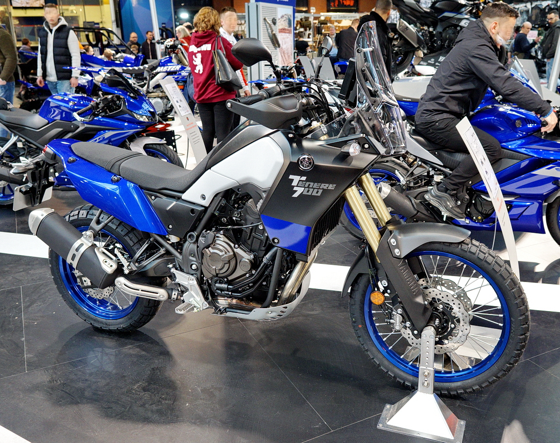 Yamaha Tenere 700. Flüssigkeitsgekühlter-Zweizylinder-DOHC-Motor mit 689ccm und 73,4PS (54kW) bei 9000U/min. Foto: BMT (Berliner Motorrad Tage) Febr. 2020