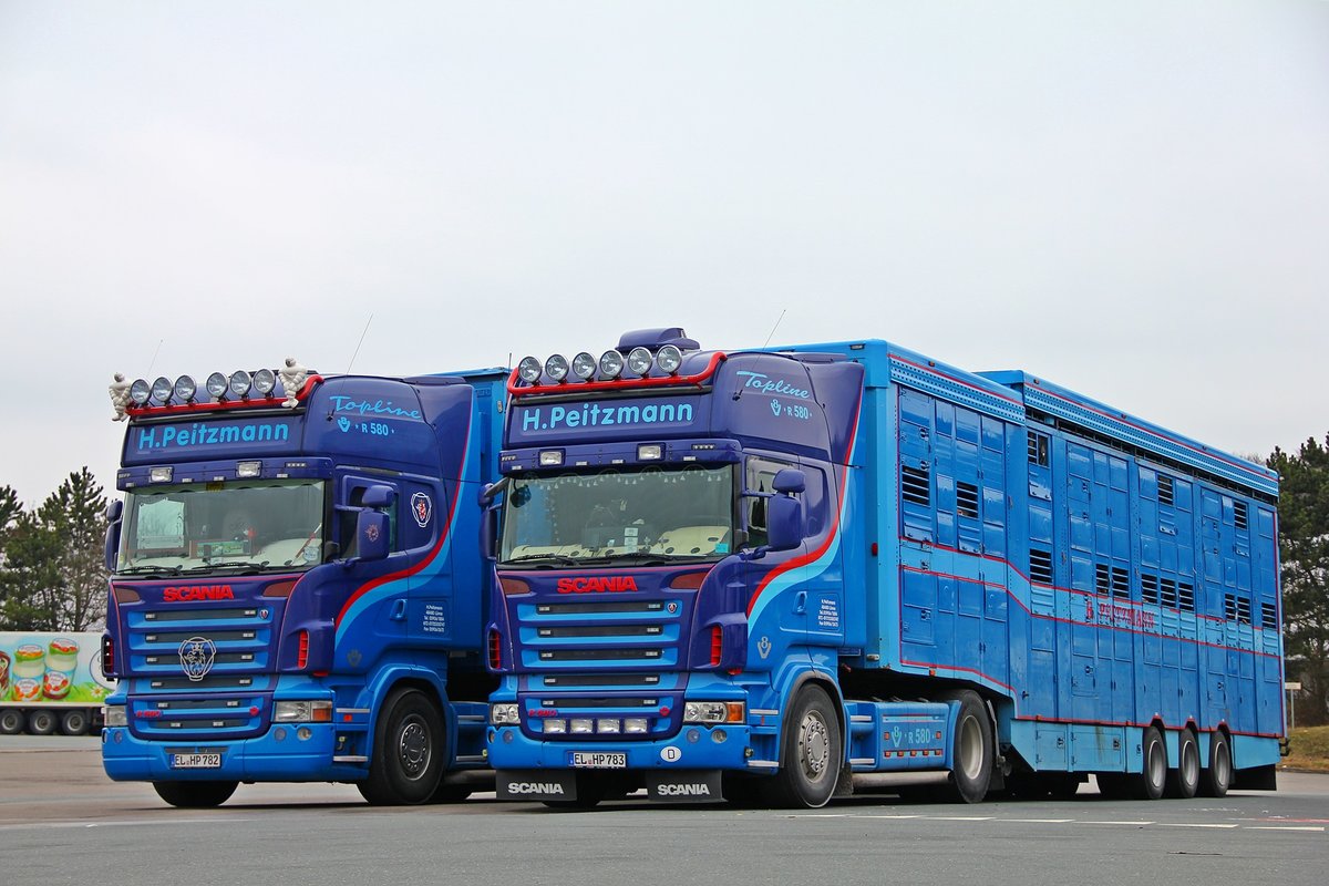 Zwei Scania R580 V8 Topline von H.Peitzmann in Breuna A44. 18.02.2013