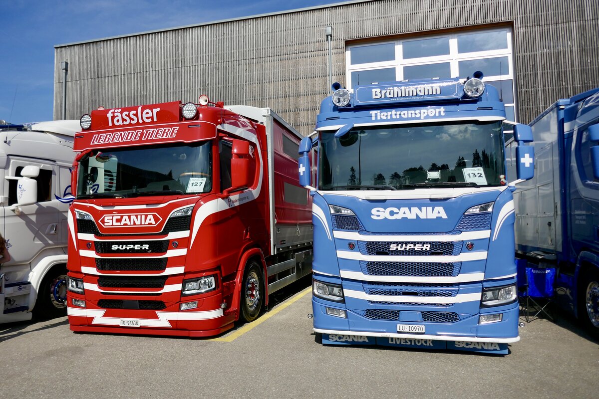 Zwei Scania Viehtransporter von Fässler und Brühlmann am 2.5.26 beim Truck Event Huttwil.