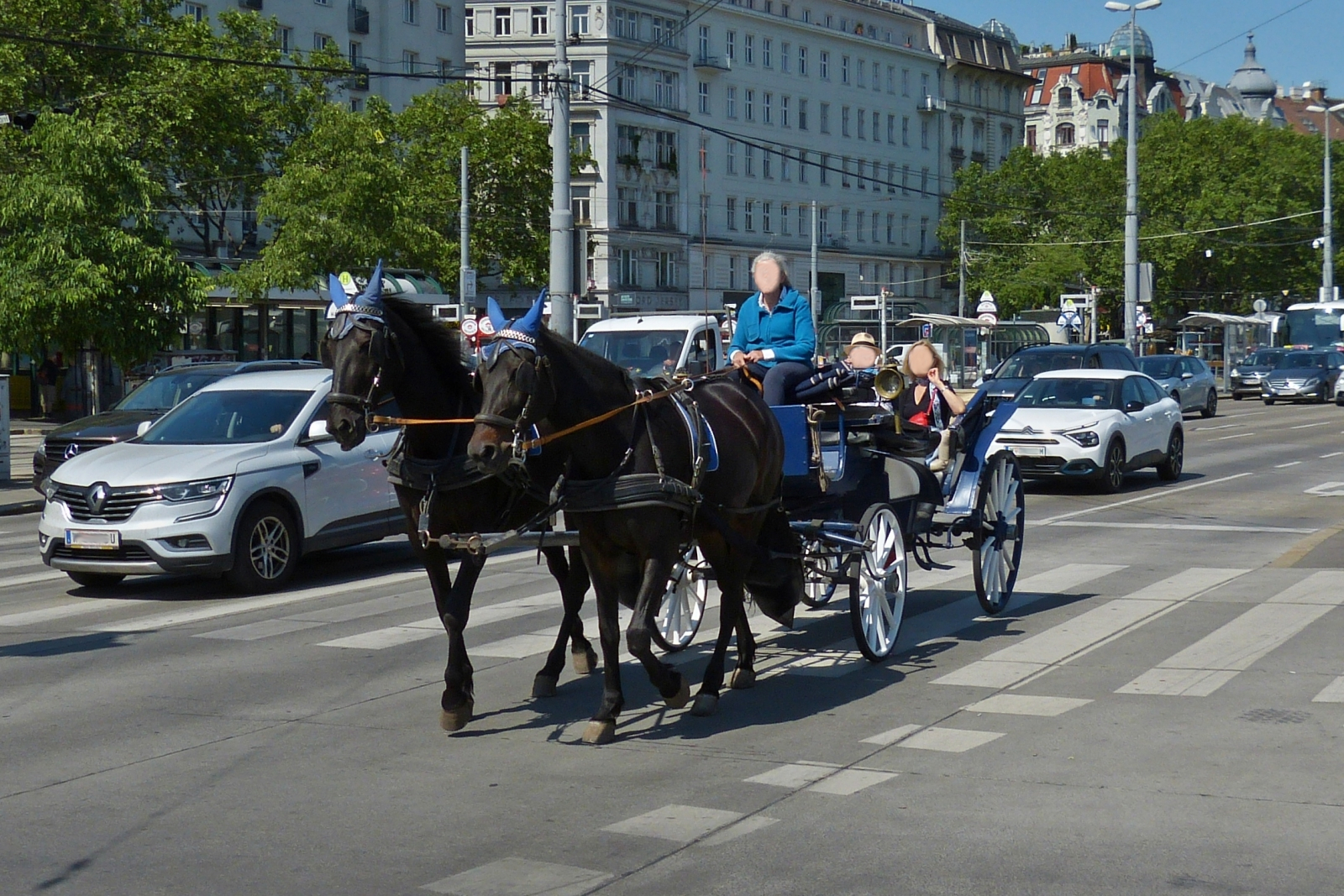 Bei herrlichem Wetter macht es Spaß mit solch einem Pferde Gespann eine Rundfahrt durch die Straßen von Wien zu unternehmen. 06.2023