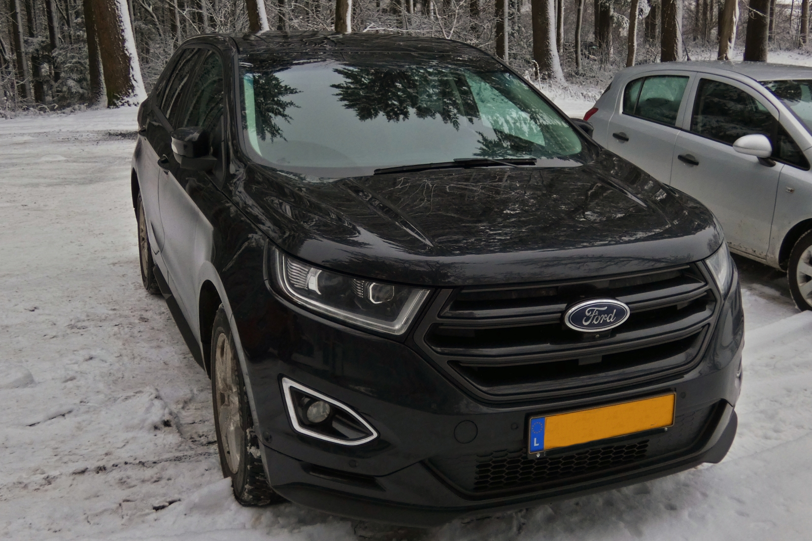 Ford Edge, steht auf einem verschneiten waldparkplatz. 01.2026